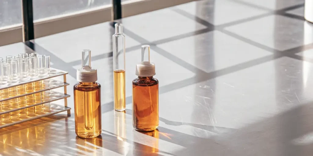 Glass vials filled with golden cannabis oil samples arranged on a laboratory table under natural light.