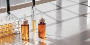 Glass vials filled with golden cannabis oil samples arranged on a laboratory table under natural light.