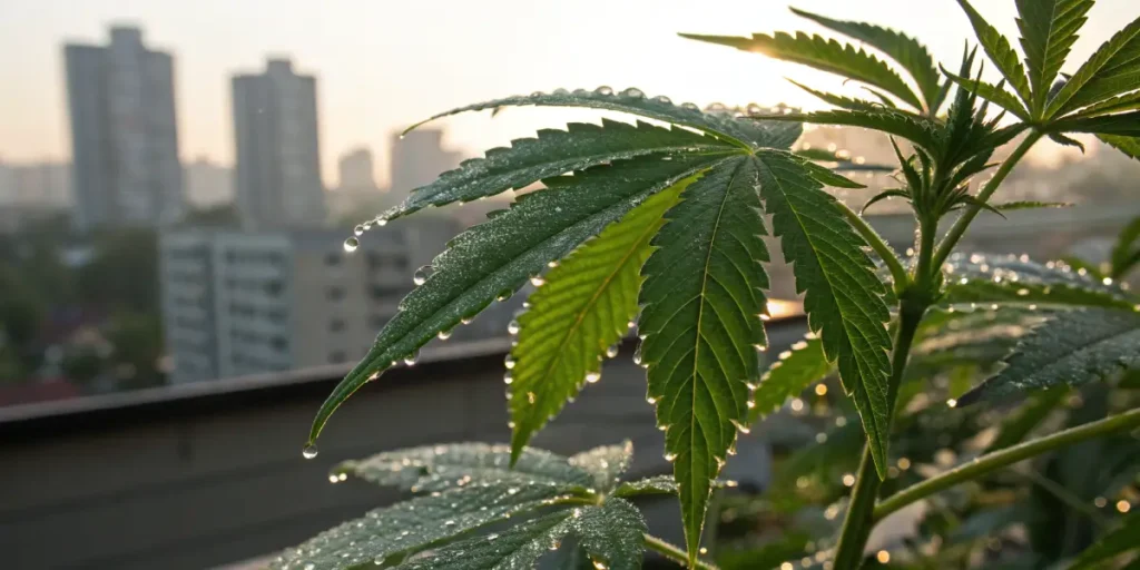 Cannabis plant with water droplets on leaves in urban environment at sunrise.