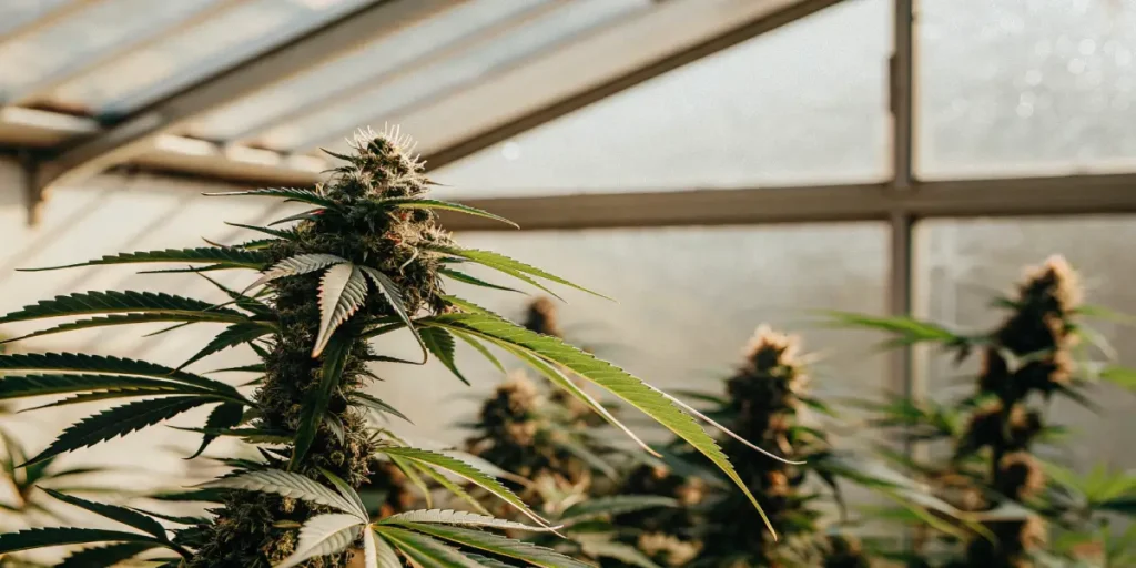 Flowering cannabis plant with dense buds growing inside a greenhouse under soft natural light.
