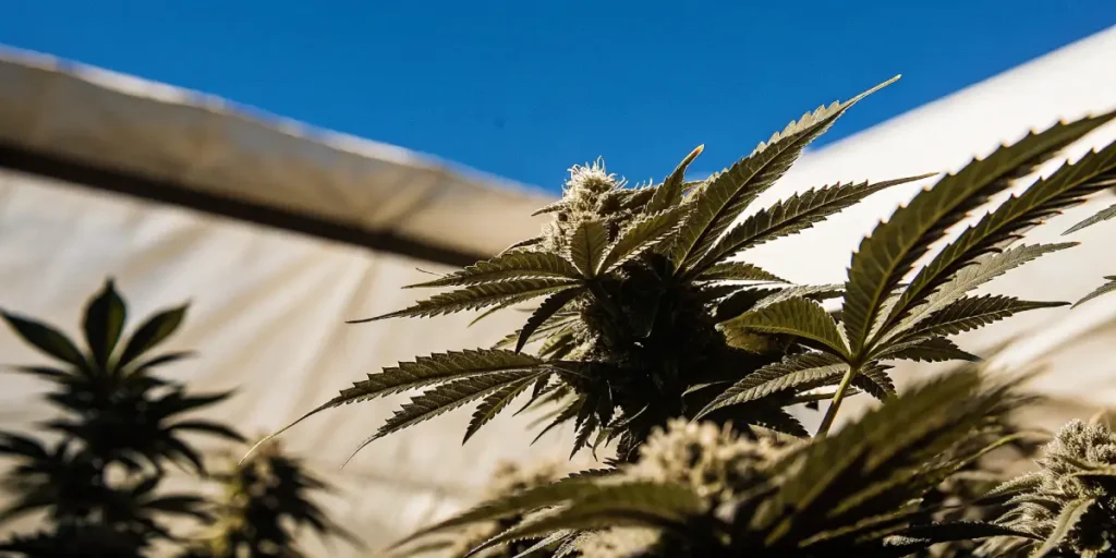 Cannabis plant in flowering stage inside a greenhouse, backlit by bright sunlight and blue sky.