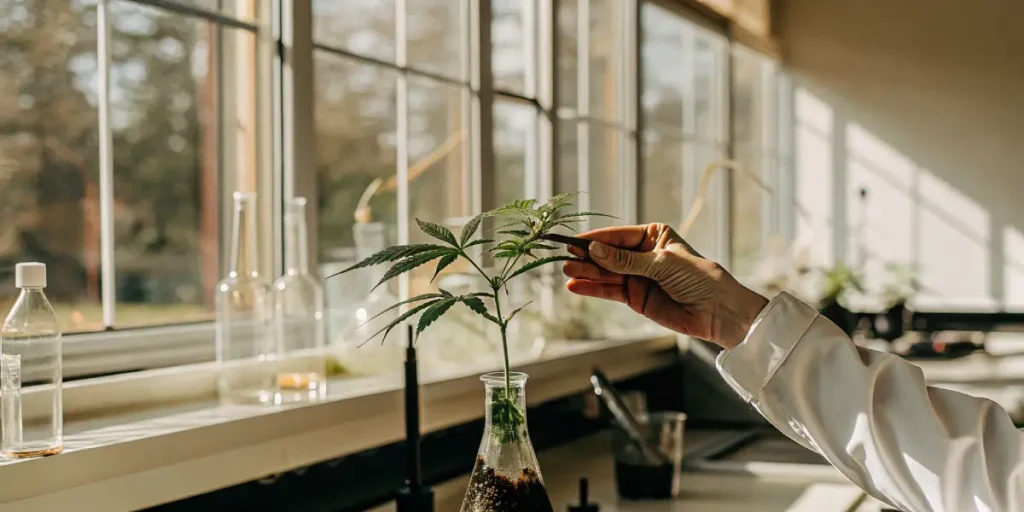Scientist observing a young cannabis plant growing in a laboratory flask under natural light