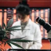 Cannabis plant analyzed in a high-tech laboratory next to a microscope during genetic research.