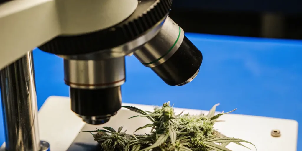Cannabis plant being examined under a microscope in a scientific laboratory environment.