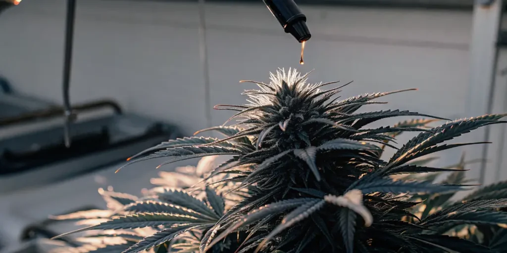 Cannabis plant flower receiving oil drops from a dropper during laboratory treatment under controlled lighting.