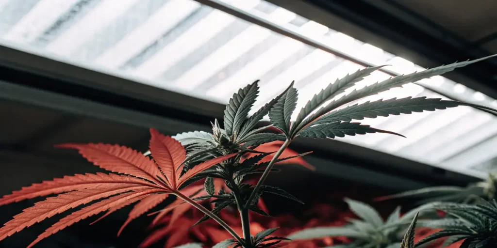 Cannabis plant with red and green leaves growing indoors under artificial lighting during flowering stage.