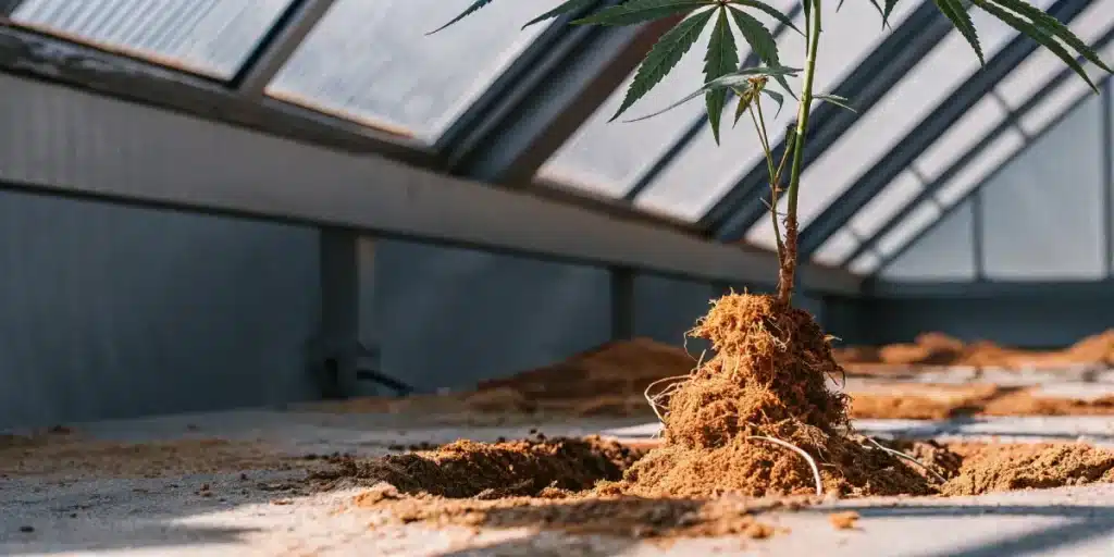 Cannabis plant with exposed root ball in greenhouse showing dense root structure ready for transplant.