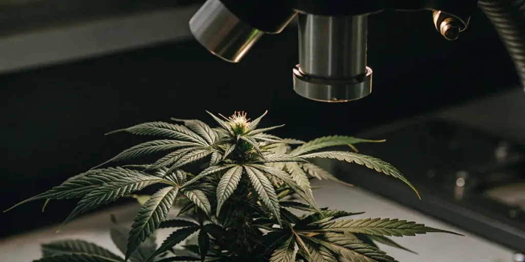 Close-up of a healthy cannabis plant under a microscope during laboratory analysis of trichomes and plant development.