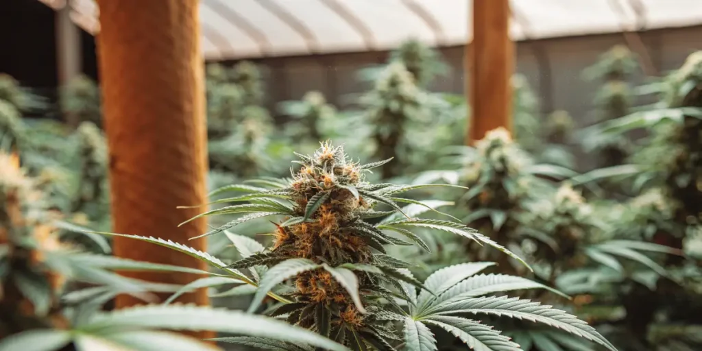 Mature cannabis plants with dense buds growing inside a controlled greenhouse environment