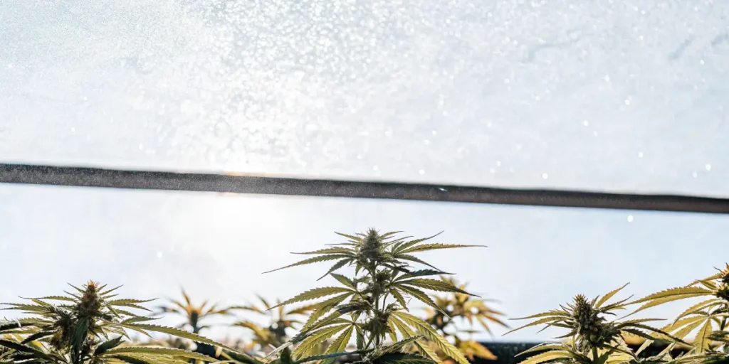 Cannabis plants growing under a greenhouse roof with visible floating dust particles and bright natural sunlight filtering through the glass panels.