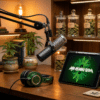 Cannabis podcast studio setup with microphone, headphones, tablet, cannabis books, and jars of buds on wooden shelves.
