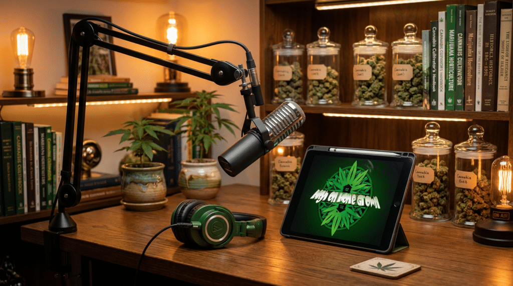 Cannabis podcast studio setup with microphone, headphones, tablet, cannabis books, and jars of buds on wooden shelves.
