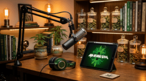 Cannabis podcast studio setup with microphone, headphones, tablet, cannabis books, and jars of buds on wooden shelves.