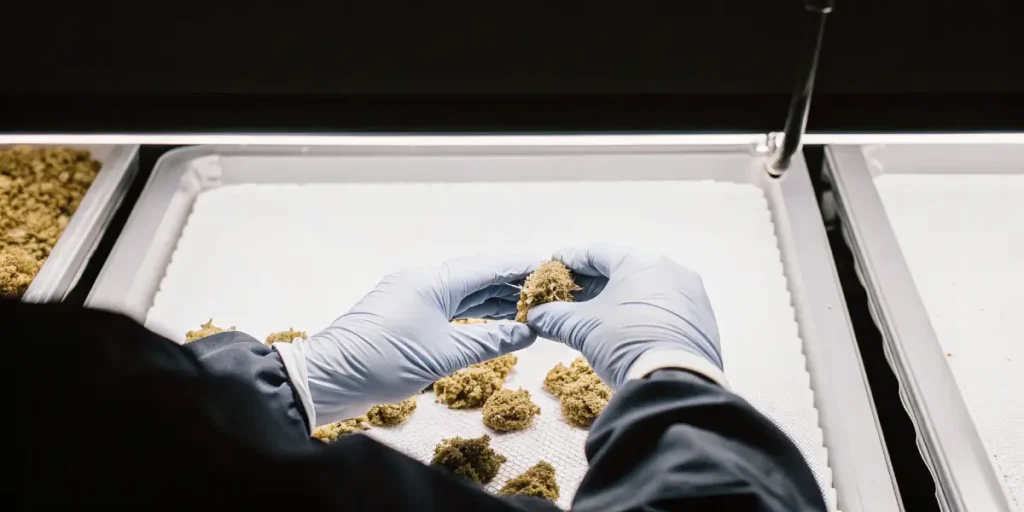 Gloved hands inspecting cannabis buds on a drying tray during laboratory quality control process.