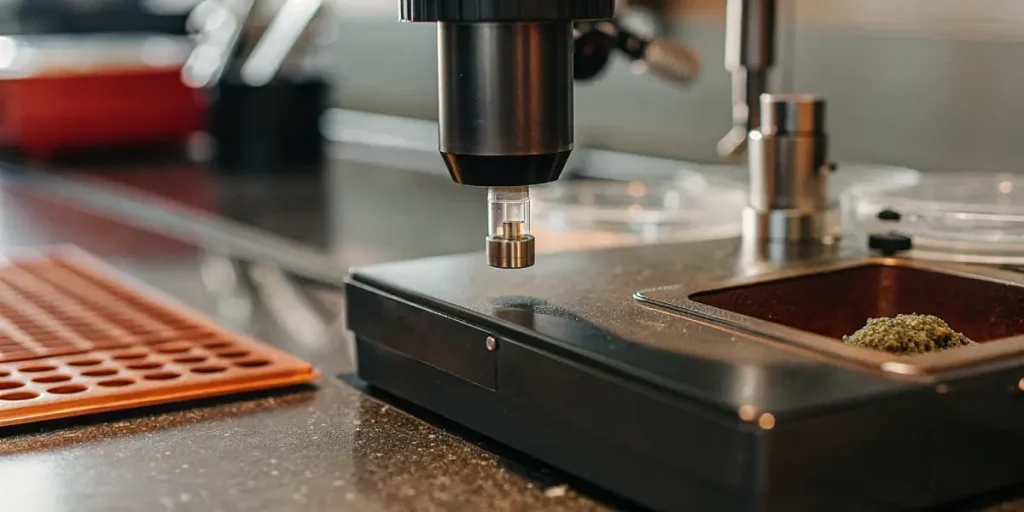 Precision laboratory instrument analyzing a cannabis sample on a testing platform.