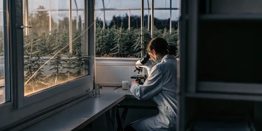 Scientist conducting cannabis research with a microscope inside a greenhouse laboratory.