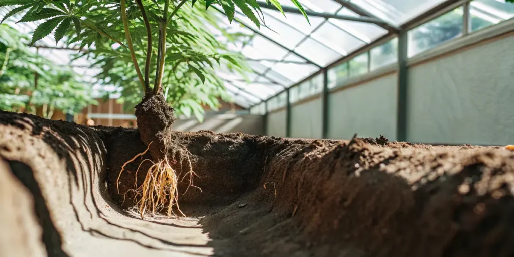 Cannabis root system exposed in greenhouse soil profile showing healthy white feeder roots and underground structure.
