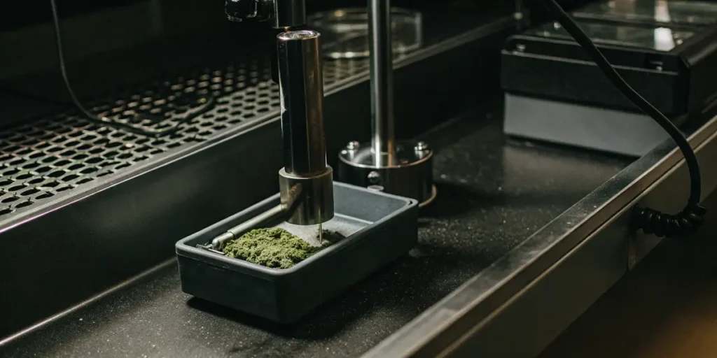 Laboratory device compressing and testing a cannabis sample in a modern analytical environment.