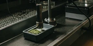 Laboratory device compressing and testing a cannabis sample in a modern analytical environment.