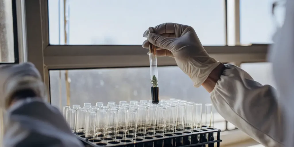 Scientist holding a test tube containing a cannabis sample prepared for laboratory analysis.