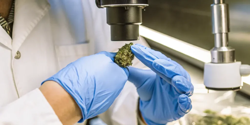 Gloved hands holding a cannabis bud under a microscope for detailed inspection