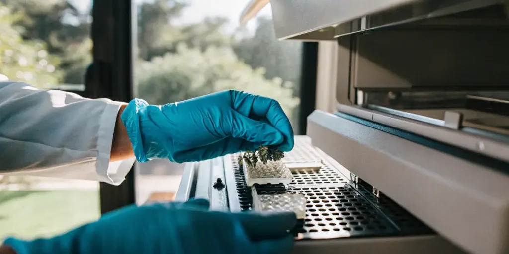Scientist preparing cannabis plant samples on a laboratory testing tray with blue gloves