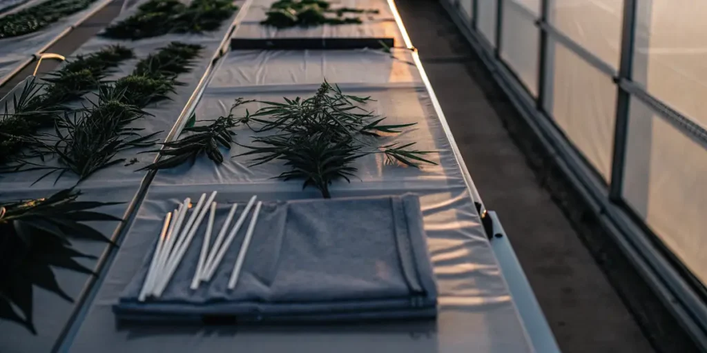 Laboratory table prepared with cannabis plant samples, tools, and materials for scientific analysis.