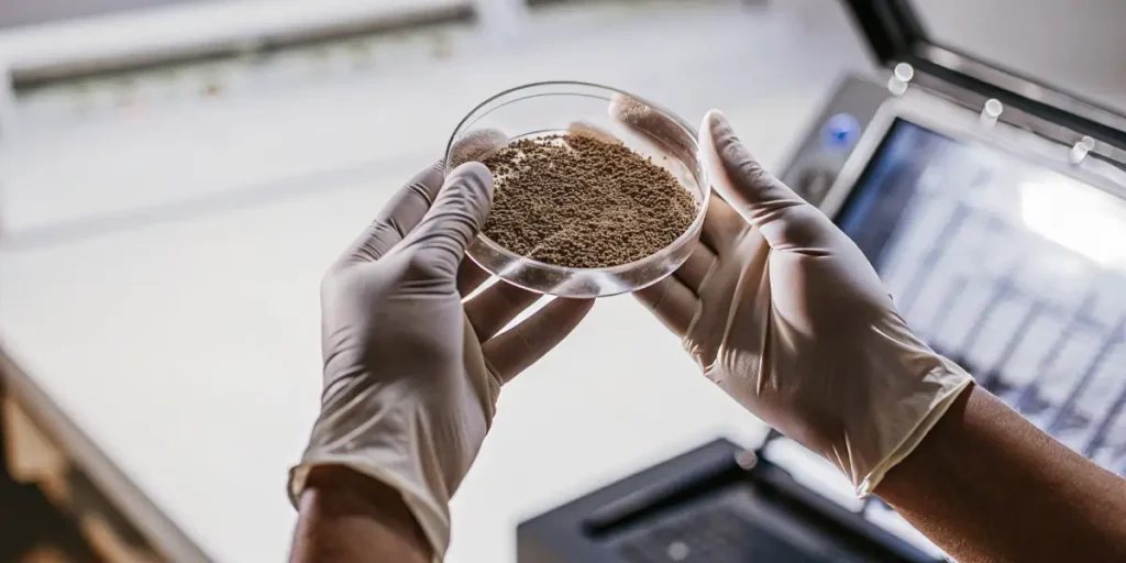 Cannabis seeds analyzed in a petri dish during a laboratory quality control process.