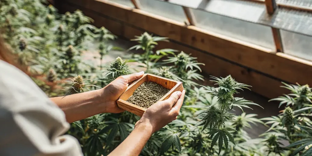 Hands holding a wooden tray filled with cannabis seeds during a breeding process inside a greenhouse.