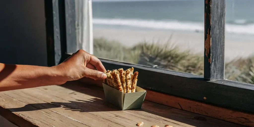Hand reaching for crispy cannabis seed crackers in a small box placed on a wooden windowsill with ocean view in the background.