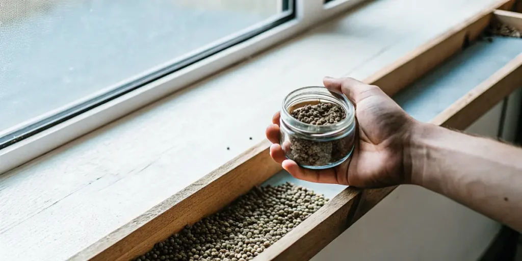 Hand holding a glass jar of cannabis seeds above a wooden drawer filled with loose seeds.