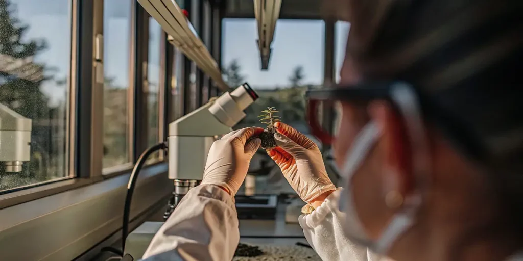 Scientist examining a young cannabis seedling under a microscope in a laboratory environment.