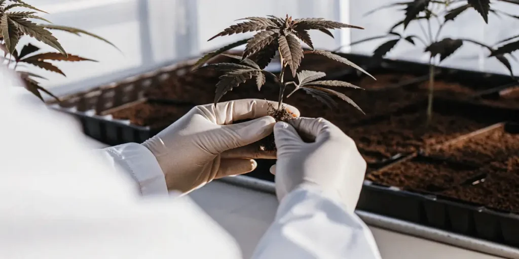 Gloved hands transplanting a cannabis seedling into soil trays inside a laboratory setting.