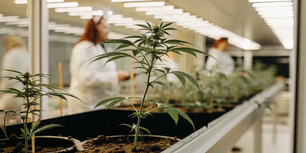 Young cannabis plants growing in pots inside a high-tech laboratory under controlled lighting conditions.