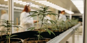 Young cannabis plants growing in pots inside a high-tech laboratory under controlled lighting conditions.