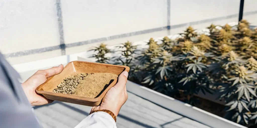 Hands holding a wooden tray with cannabis seeds and growing medium in an indoor cultivation facility.