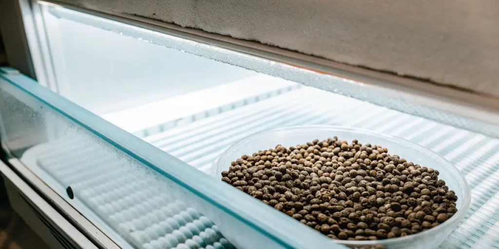 Cannabis seeds stored in a shallow tray inside a cold storage unit, showing controlled temperature conditions for long-term seed preservation.