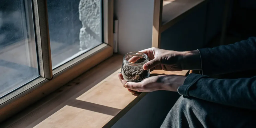 Hands holding a glass jar filled with cannabis seeds near a window under natural light.