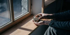 Hands holding a glass jar filled with cannabis seeds near a window under natural light.