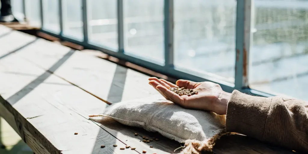 Hand holding cannabis seeds on a wooden table inside a greenhouse with natural sunlight