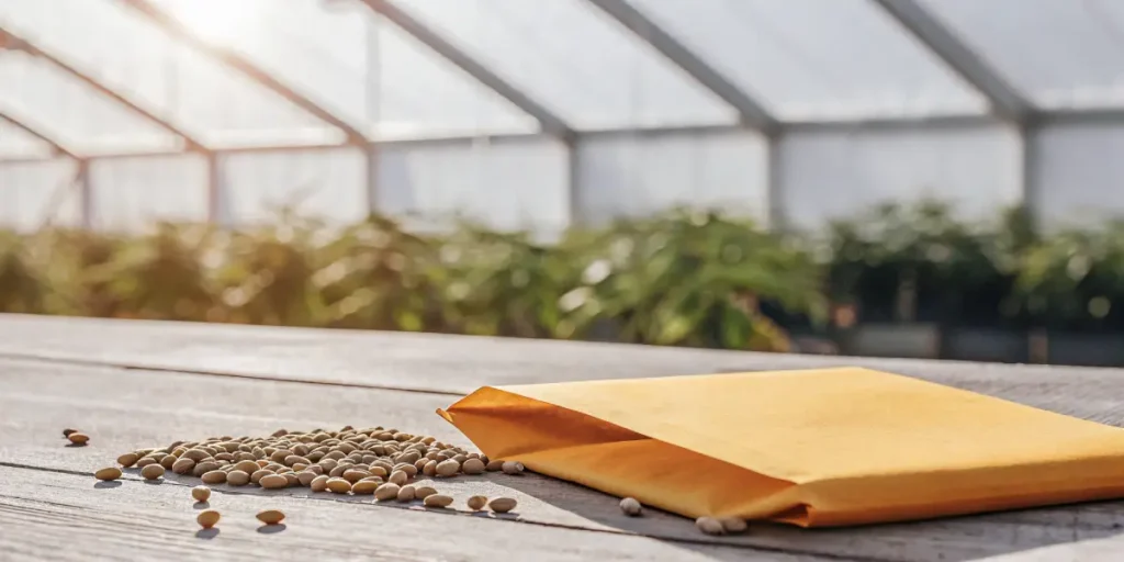 Cannabis seeds spilled from a paper envelope on a wooden surface inside a greenhouse.