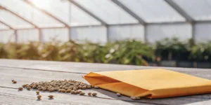 Cannabis seeds spilled from a paper envelope on a wooden surface inside a greenhouse.