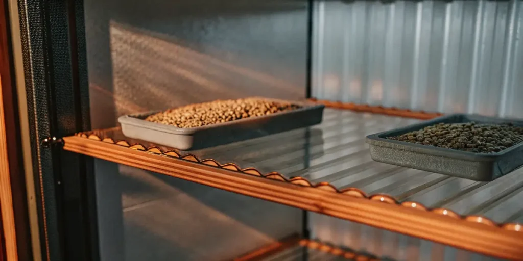 Cannabis seeds arranged in trays on refrigerated storage shelves, highlighting organized cold storage for seed conservation and quality control.