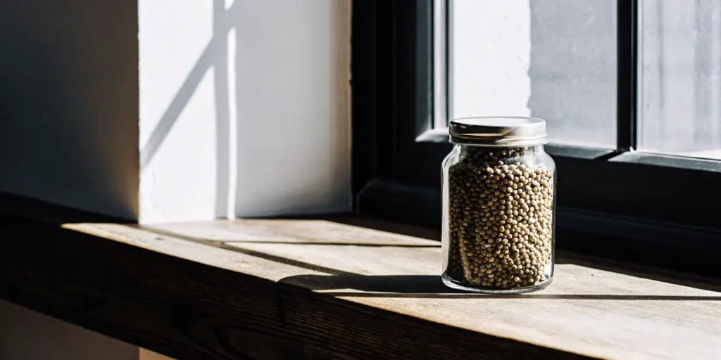 Glass jar filled with cannabis seeds stored on a wooden shelf near a sunlit window.