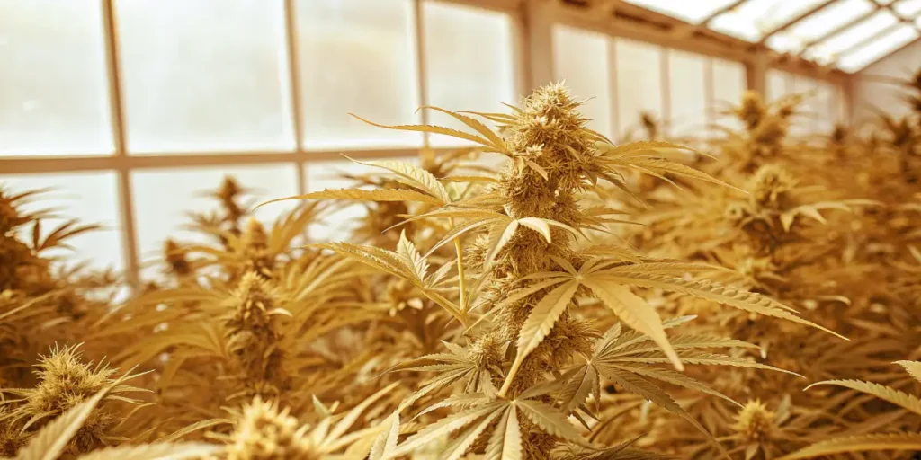Plantes de cannabis en floraison avancée avec feuilles jaunies dans une serre lumineuse.