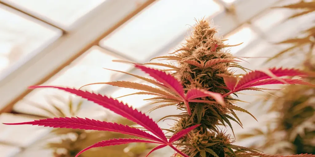 Plante de cannabis avec feuilles rouges et bourgeon mature cultivée en serre.