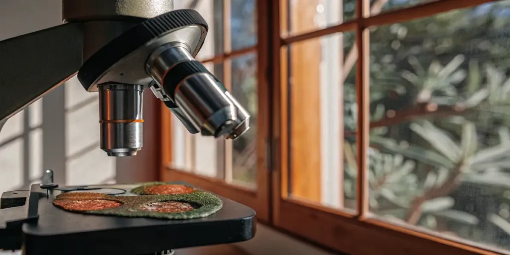 Cannabis trichome analysis under microscope showing resin glands on plant sample slide near a sunlit window.