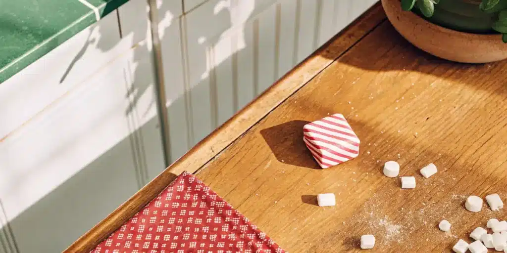 Colorful cannabis edibles and sugar pieces arranged on a wooden table near a kitchen window.
