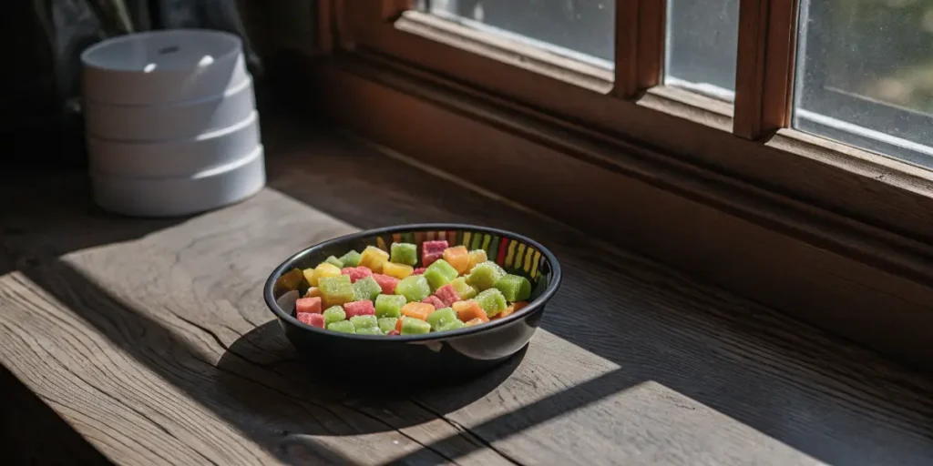 Colorful THC-infused gummies served in a small bowl on a wooden surface near a window