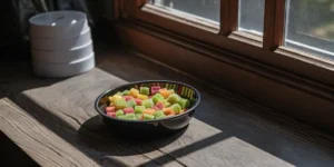 Colorful THC-infused gummies served in a small bowl on a wooden surface near a window